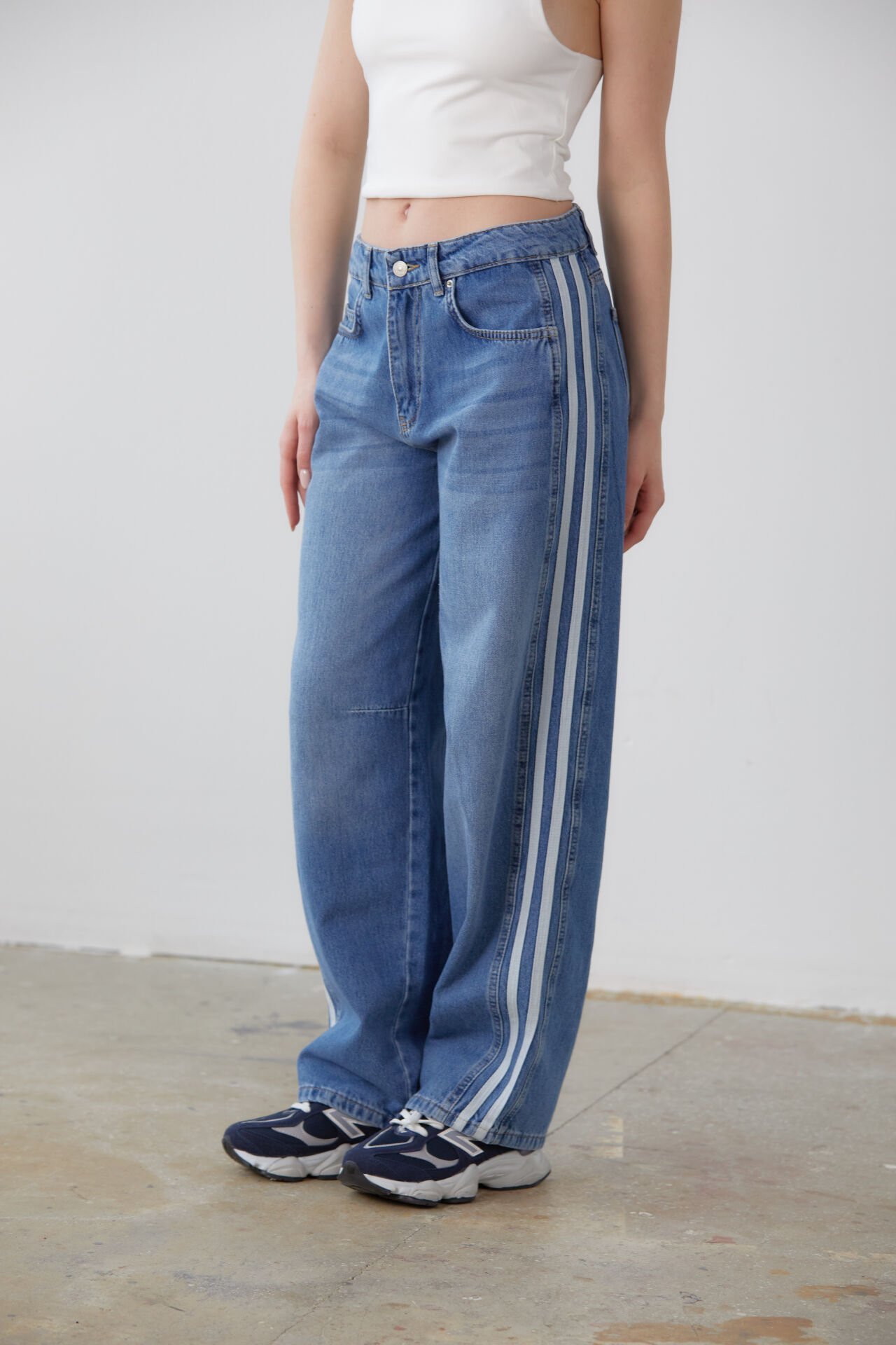 Yanı Şeritli Balon Denim Pantolon-Mavi