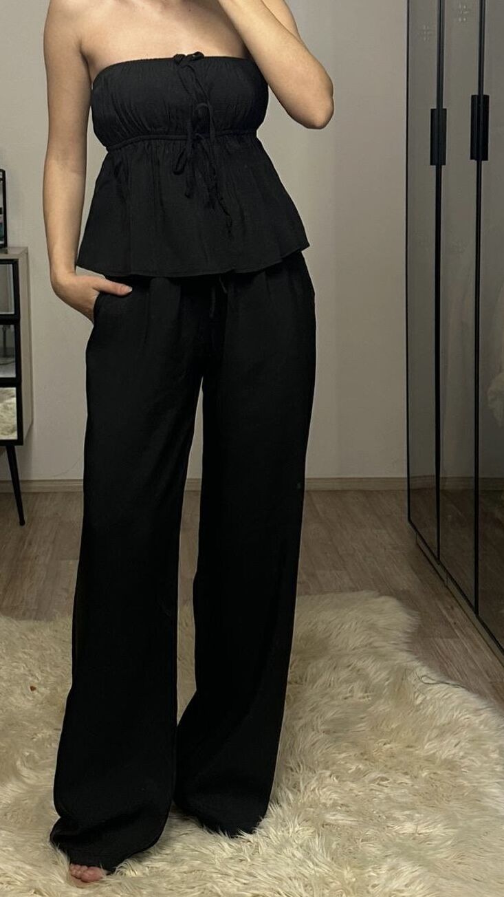 Straplez Önü Büzgülü Pantolon Takım
