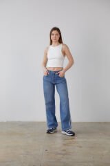 Yanı Şeritli  Balon Denim Pantolon-Mavi