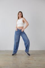 Yanı Şeritli  Balon Denim Pantolon-Mavi