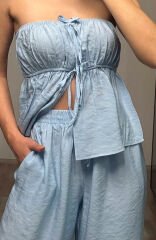 Straplez Önü Büzgülü Pantolon Takım
