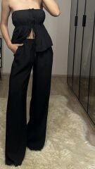 Straplez Önü Büzgülü Pantolon Takım