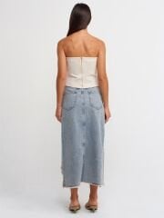 Önü Lazer Kesimli Yırtmaçlı Denim Etek