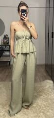 Straplez Büzgülü Pantolon Takım