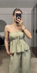 Straplez Büzgülü Pantolon Takım